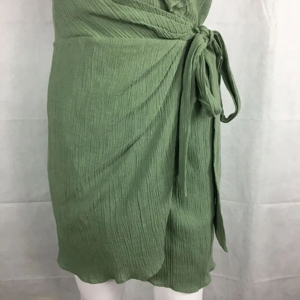 Free People Dress Womens Sz S Green Ruffled‎ Crinkle Mini Wrap Sundress V-Neck